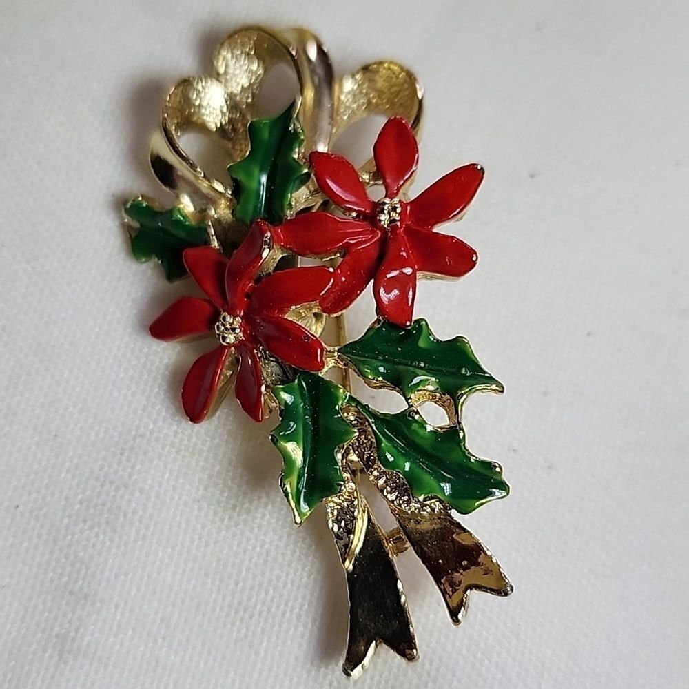Vintage Gerrys Poinsettia & Gold Tone Ribbon Bow Brooch
